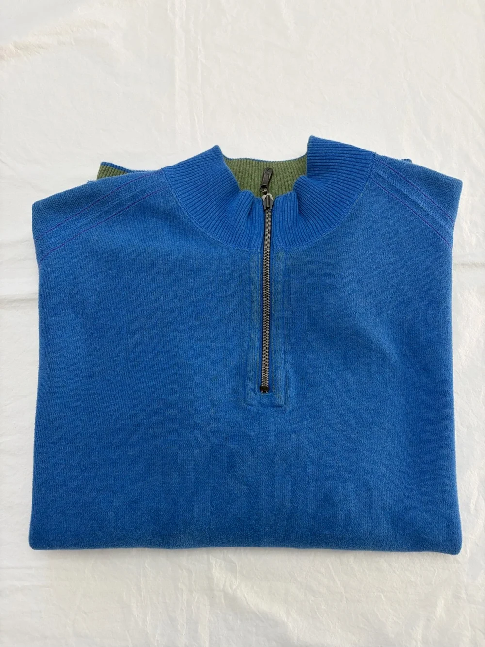 Tommy Bahama Quarter Zip Sweater Mens XL Blue Olive Green Contrast Trim Cotton